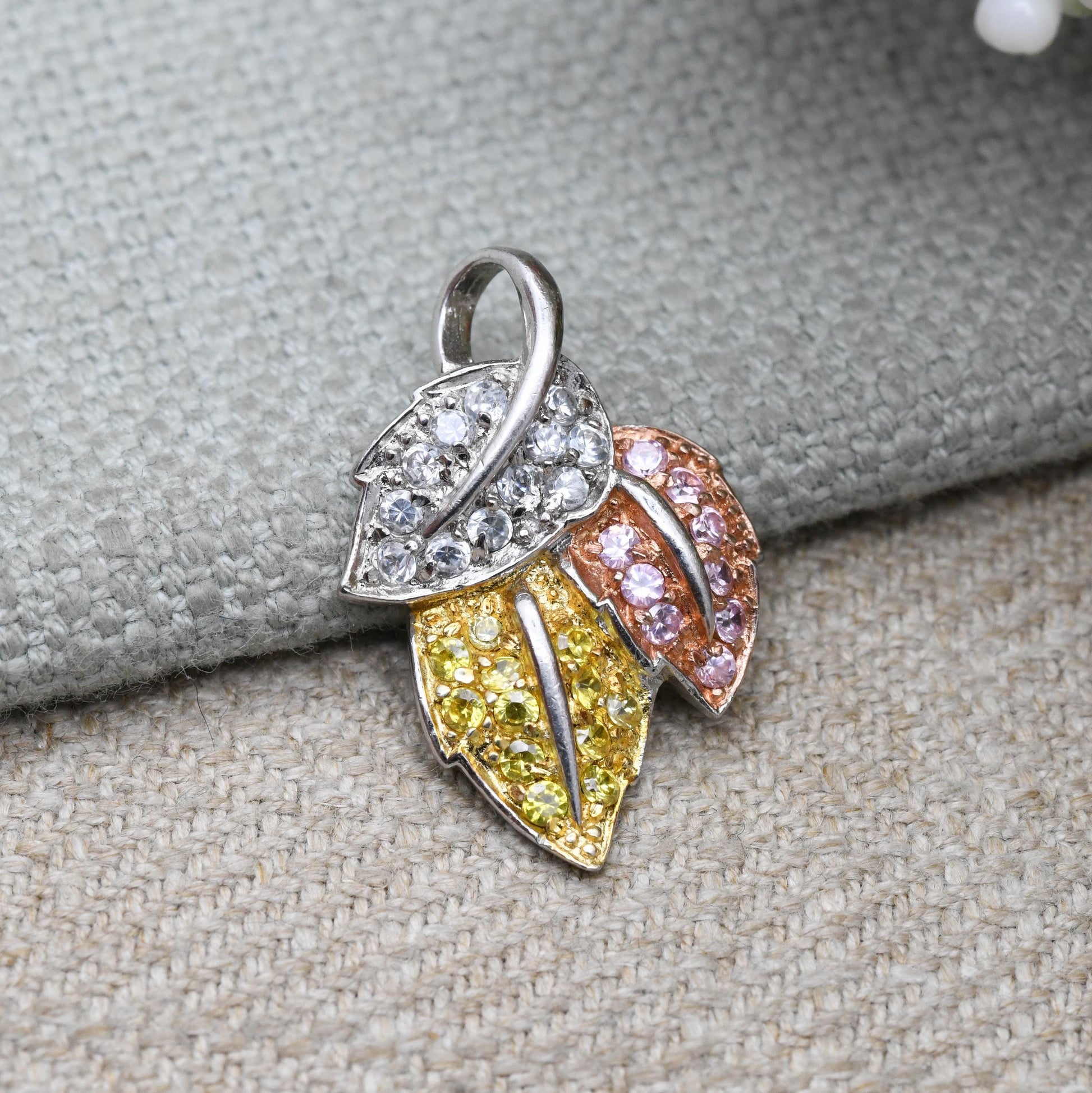Vintage Sterling Silver Gold Plated Three Tone Leaf Pendant - Textured Floral Leaves Small Clear Stones | Gift for Charm Necklace