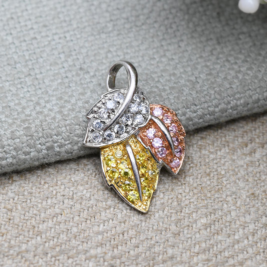 Vintage Sterling Silver Gold Plated Three Tone Leaf Pendant - Textured Floral Leaves Small Clear Stones | Gift for Charm Necklace