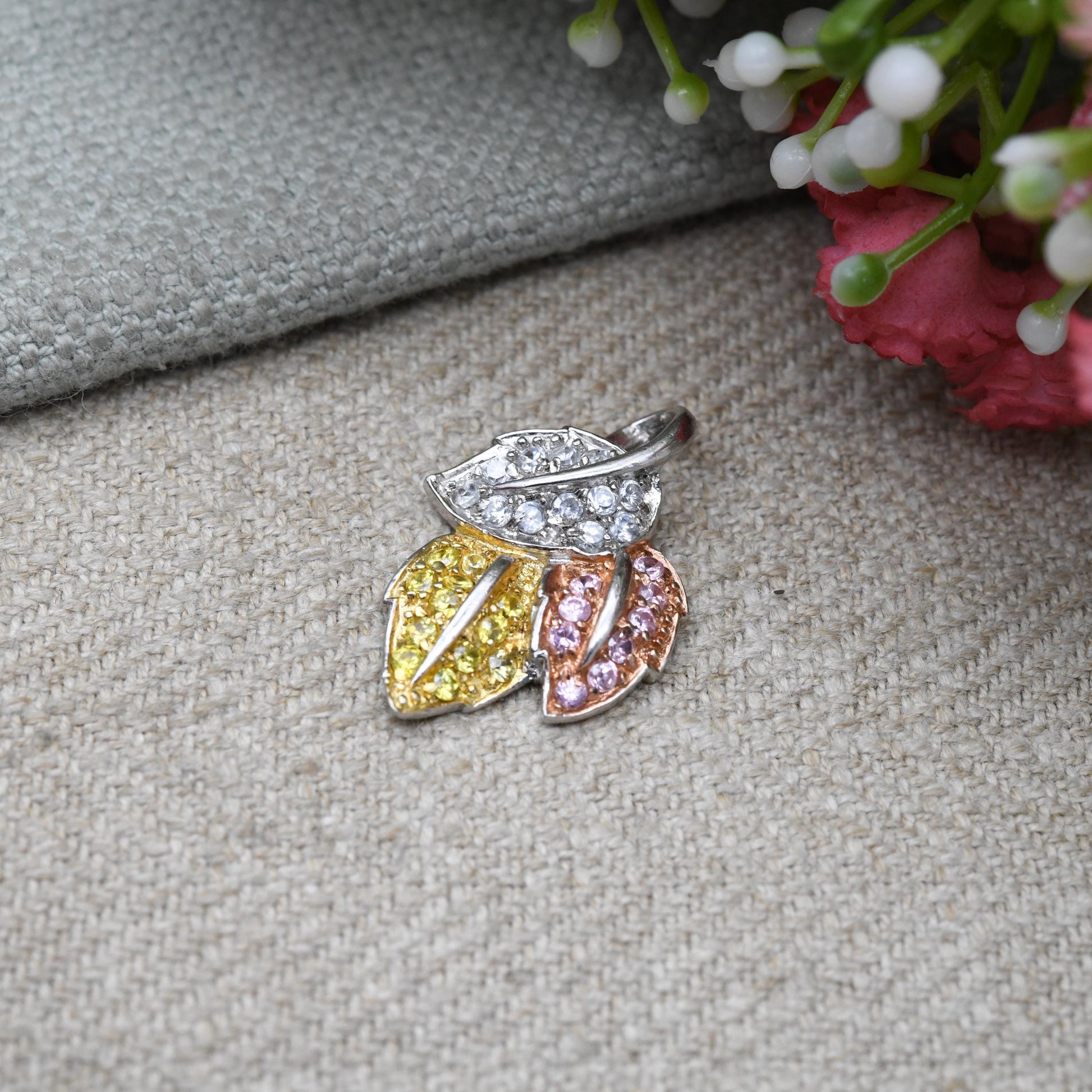 Vintage Sterling Silver Gold Plated Three Tone Leaf Pendant - Textured Floral Leaves Small Clear Stones | Gift for Charm Necklace