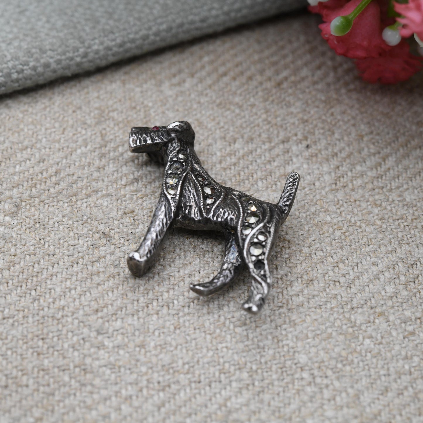Antique Sterling Silver and Marcasite Terrier Dog Brooch c. 1910 - Edwardian Era 3D Animal Jewellery | Textured Fur | Welsh Airedale Terrier