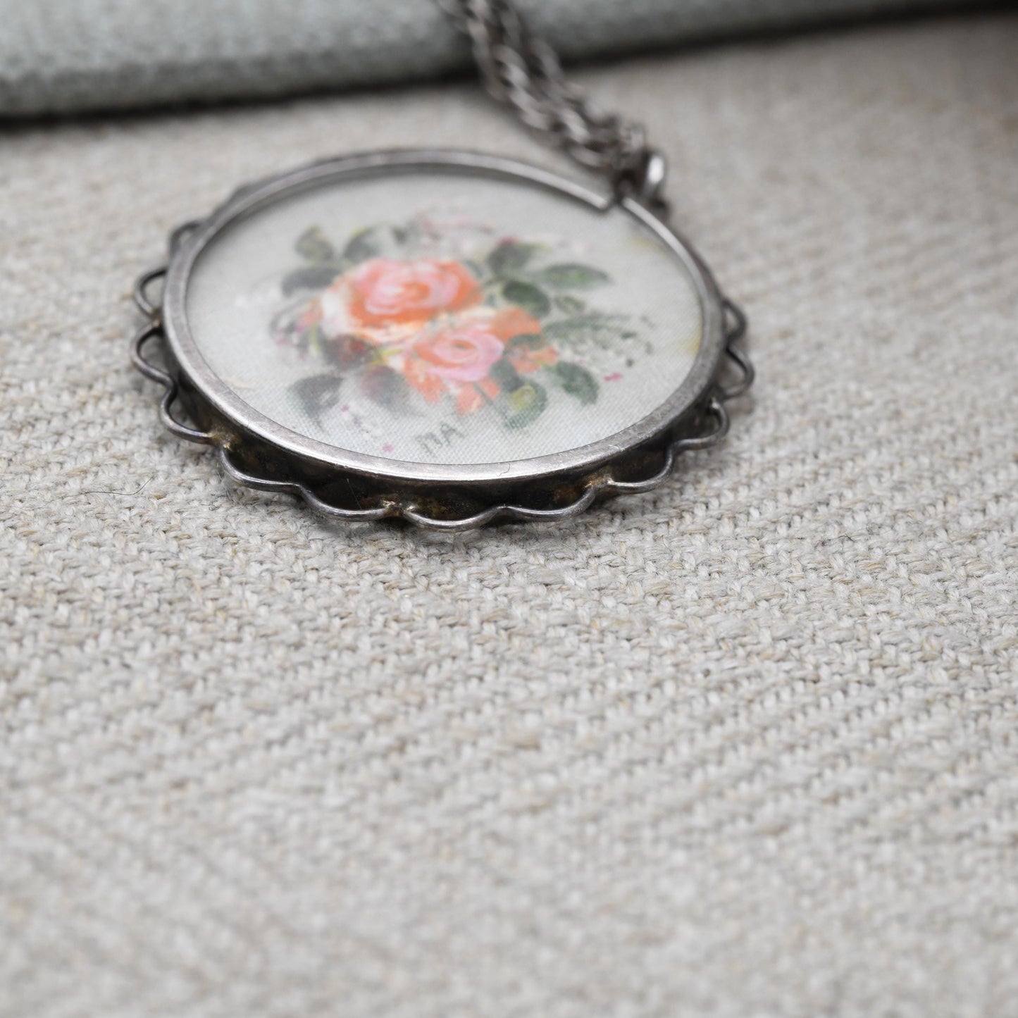 Vintage Silver Hand Painted Fabric Flowers Locket with Silver Prince of Wales Chain Necklace - Chintz Embroidered Roses | Gift for Her