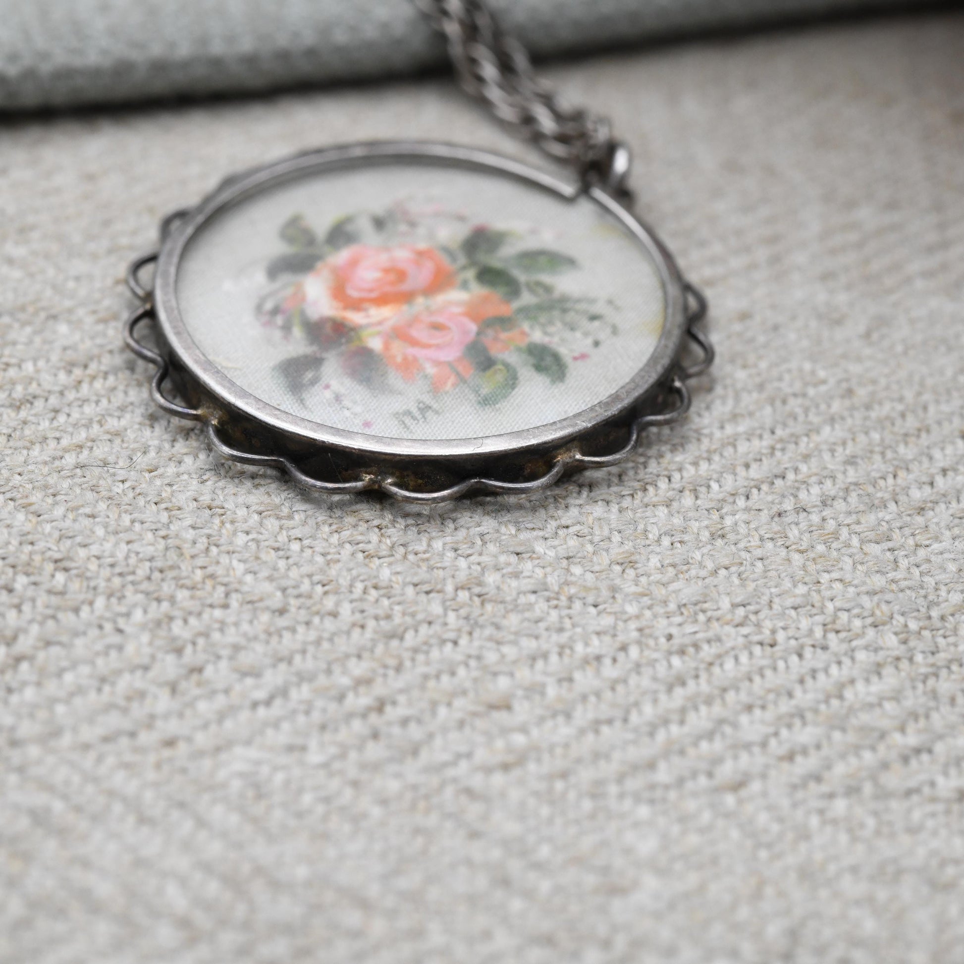 Vintage Silver Hand Painted Fabric Flowers Locket with Silver Prince of Wales Chain Necklace - Chintz Embroidered Roses | Gift for Her