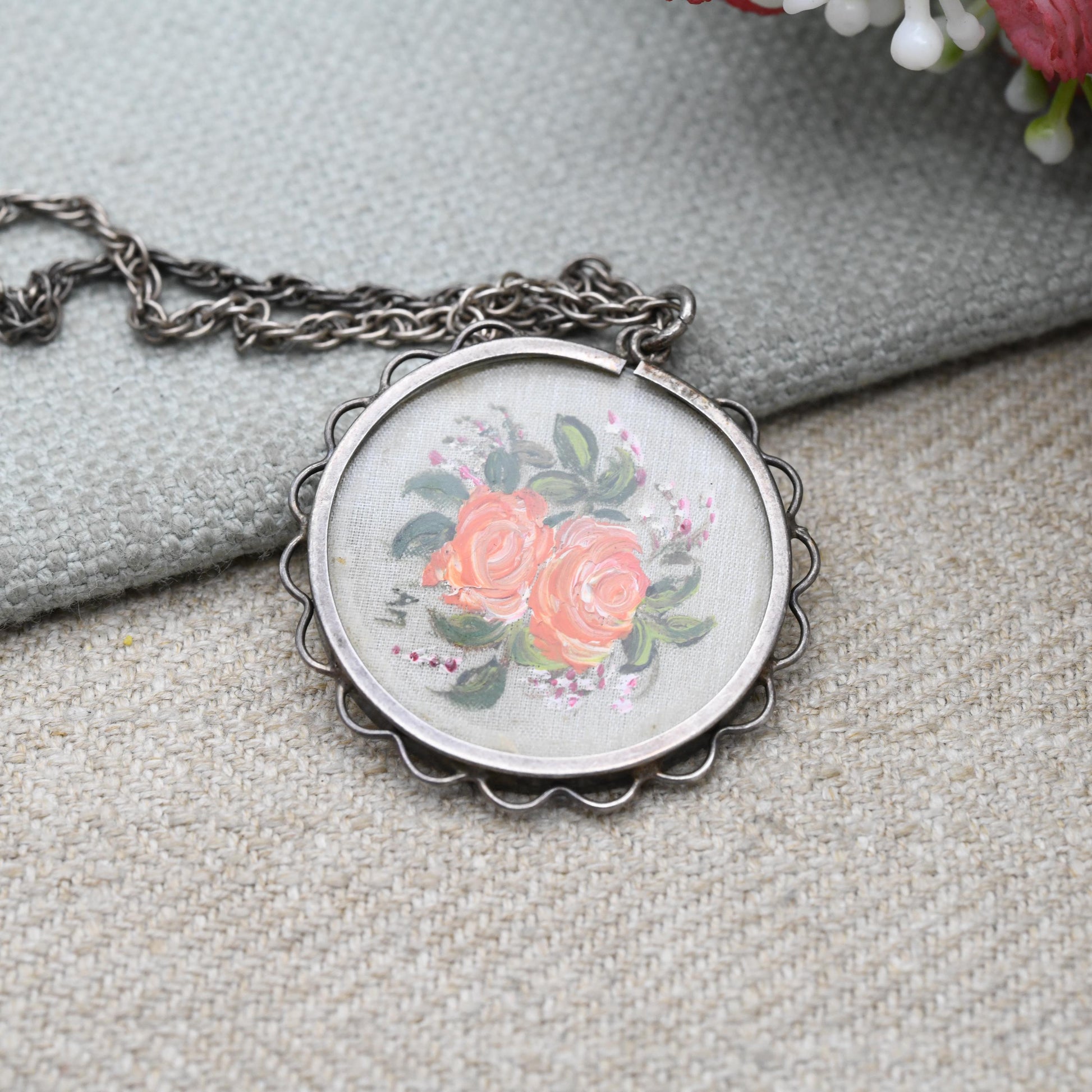 Vintage Silver Hand Painted Fabric Flowers Locket with Silver Prince of Wales Chain Necklace - Chintz Embroidered Roses | Gift for Her