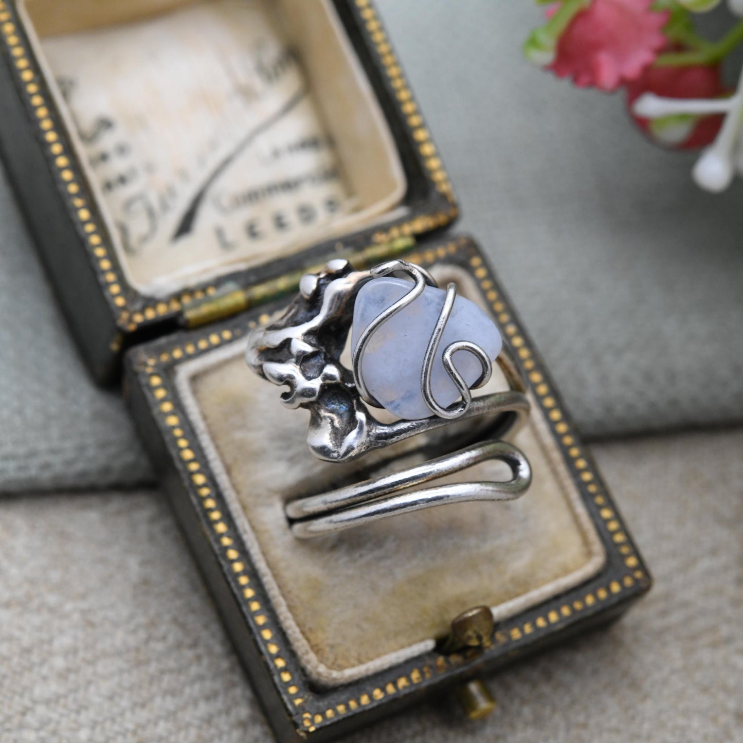 Vintage Silver Blue Lace Agate Figural Ring - Openwork Abstract Wavy Natural Design | Gift for Her | UK Size - L 1/2 | US Size - 5 3/4