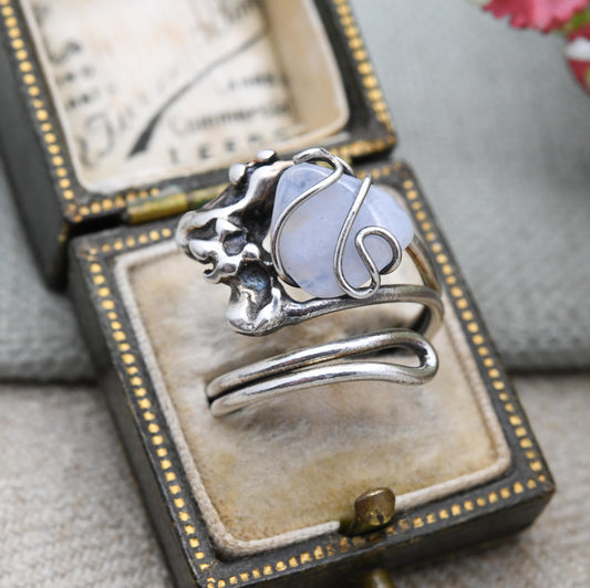 Vintage Silver Blue Lace Agate Figural Ring - Openwork Abstract Wavy Natural Design | Gift for Her | UK Size - L 1/2 | US Size - 5 3/4