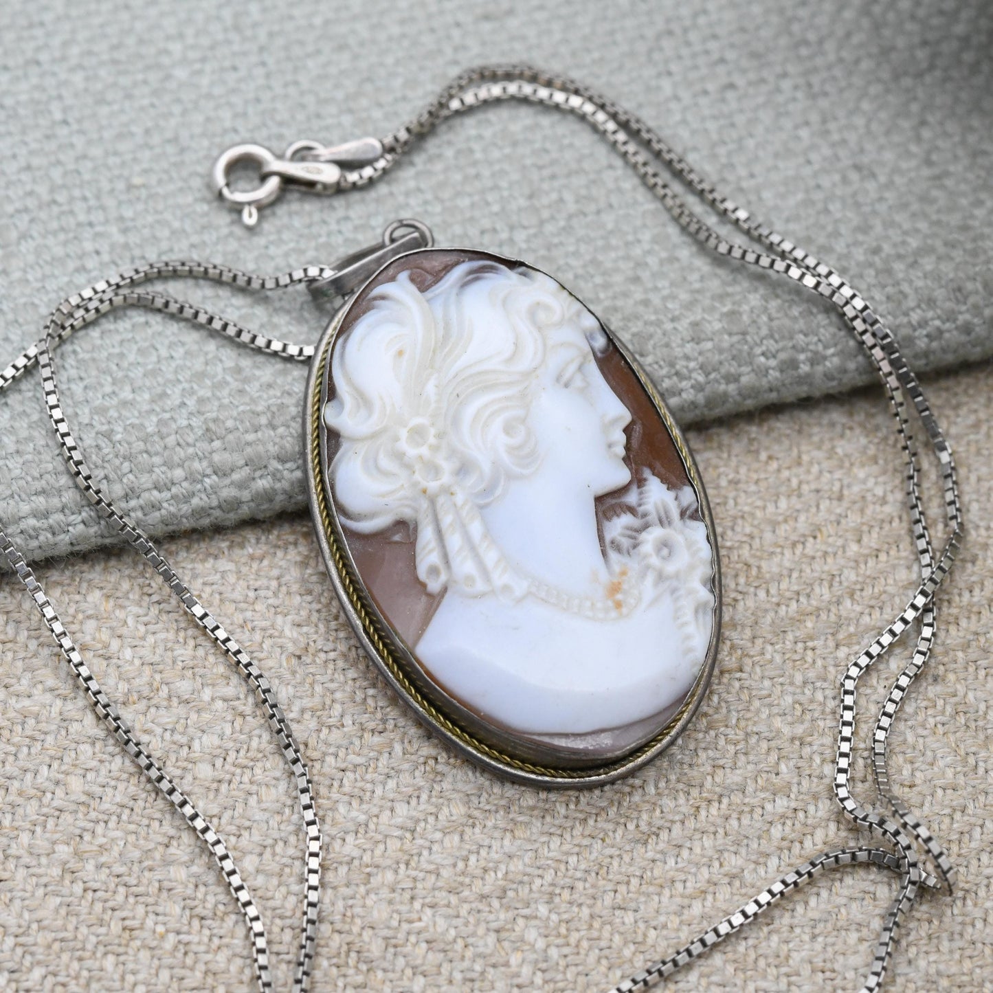 Vintage Sterling Silver Italian Cameo Pendant Necklace - Raised Classical Profile Shell Portrait | Hand Carved Face | Gift for Her