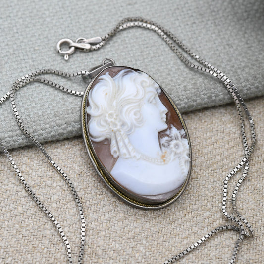Vintage Sterling Silver Italian Cameo Pendant Necklace - Raised Classical Profile Shell Portrait | Hand Carved Face | Gift for Her