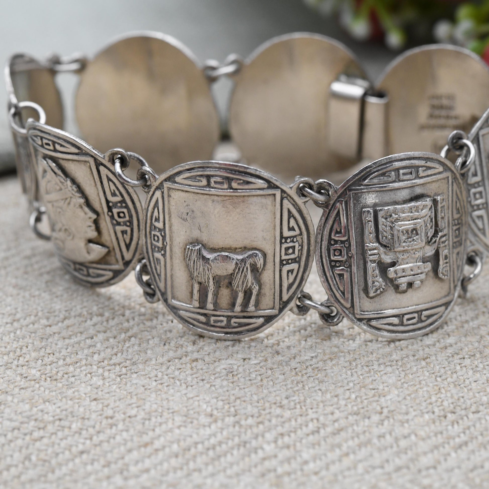 Vintage Peruvian Sterling Silver Bracelet Engraved Relief Panels MR - Souvenir Scenes Llama Alpaca Warriors Gods Detailed | Slide Box Clasp