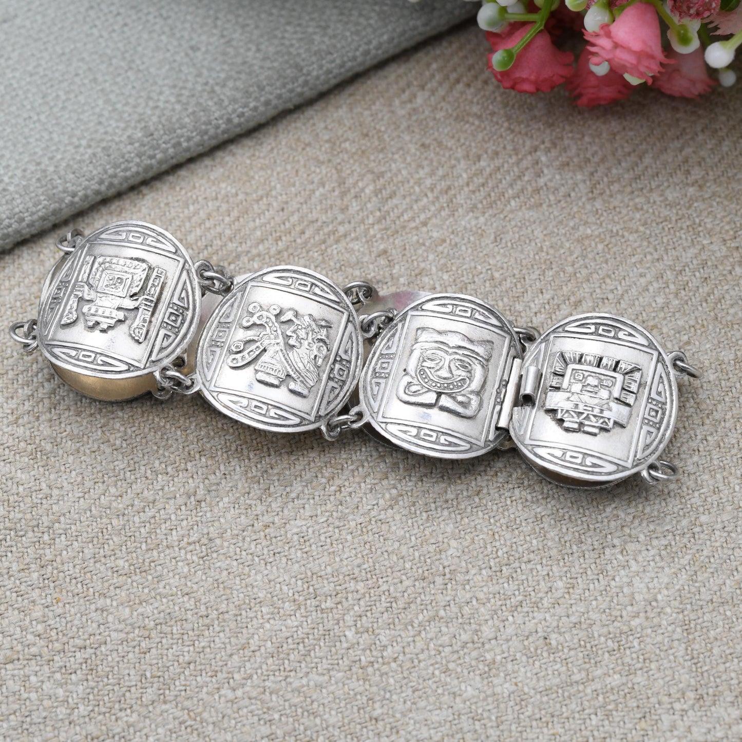 Vintage Peruvian Sterling Silver Bracelet Engraved Relief Panels MR - Souvenir Scenes Llama Alpaca Warriors Gods Detailed | Slide Box Clasp