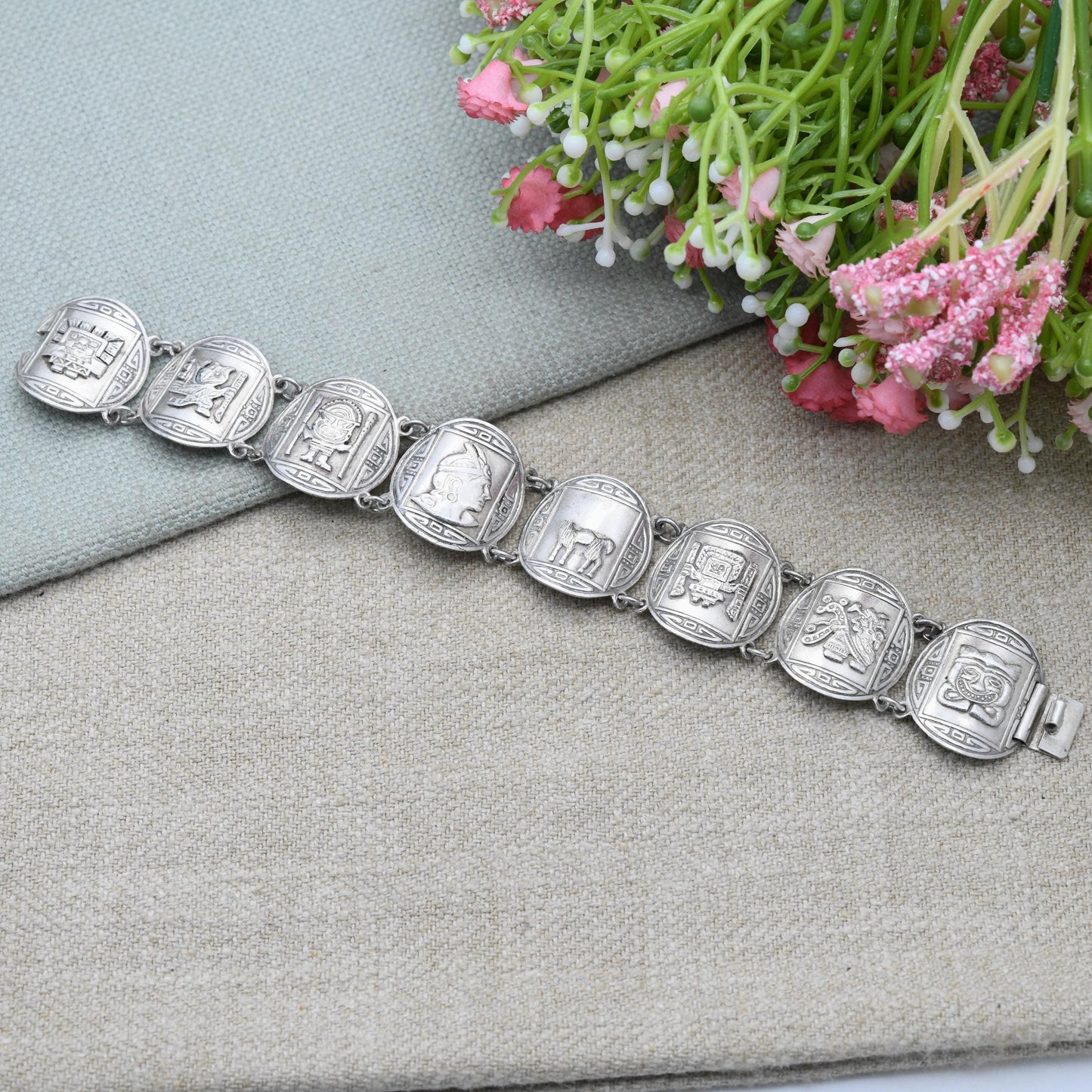 Vintage Peruvian Sterling Silver Bracelet Engraved Relief Panels MR - Souvenir Scenes Llama Alpaca Warriors Gods Detailed | Slide Box Clasp