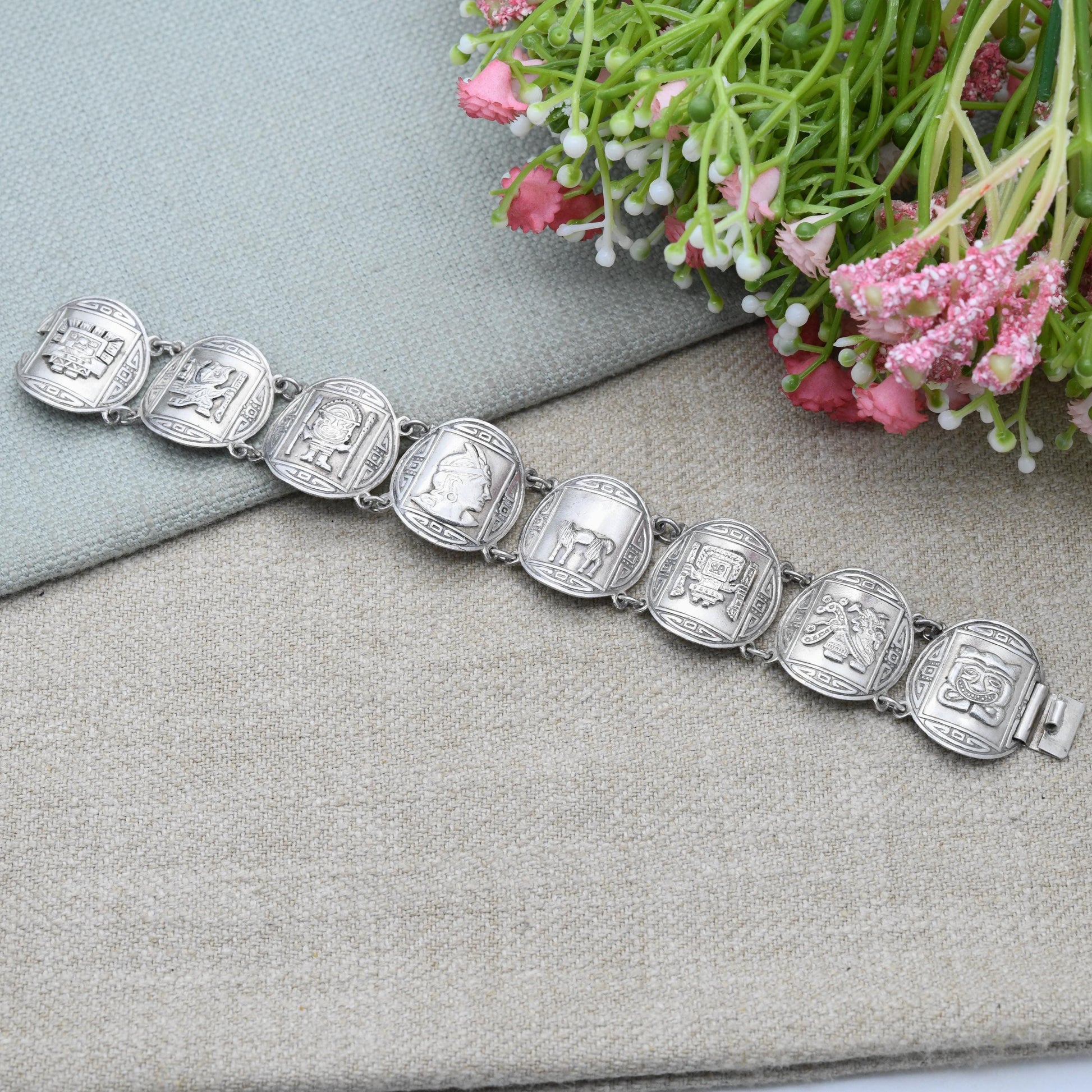 Vintage Peruvian Sterling Silver Bracelet Engraved Relief Panels MR - Souvenir Scenes Llama Alpaca Warriors Gods Detailed | Slide Box Clasp
