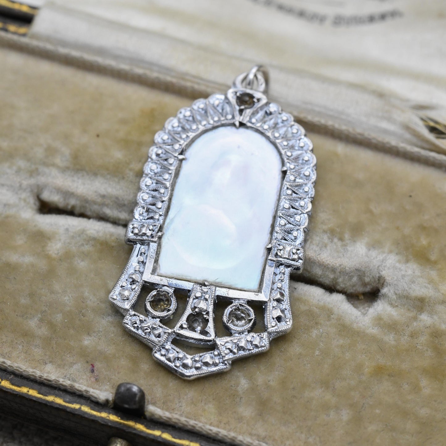 Vintage European Silver Mother of Pearl Mary Mother of Jesus Pendant - Unique Clear Stone Openwork Milgrain | Religious Gift for Necklace