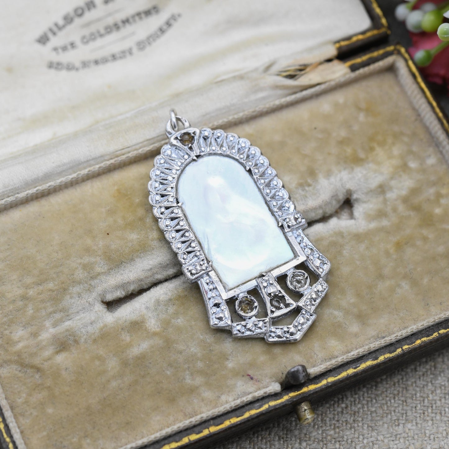 Vintage European Silver Mother of Pearl Mary Mother of Jesus Pendant - Unique Clear Stone Openwork Milgrain | Religious Gift for Necklace