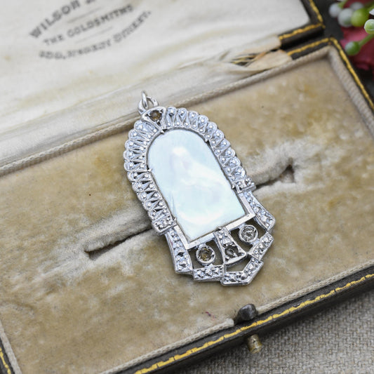 Vintage European Silver Mother of Pearl Mary Mother of Jesus Pendant - Unique Clear Stone Openwork Milgrain | Religious Gift for Necklace