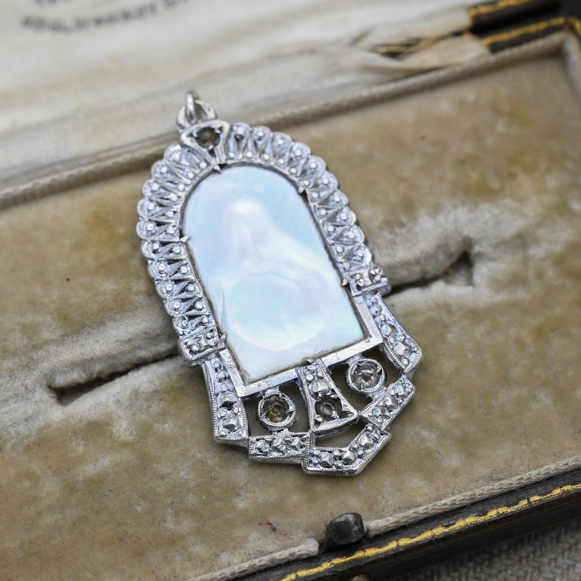Vintage European Silver Mother of Pearl Mary Mother of Jesus Pendant - Unique Clear Stone Openwork Milgrain | Religious Gift for Necklace