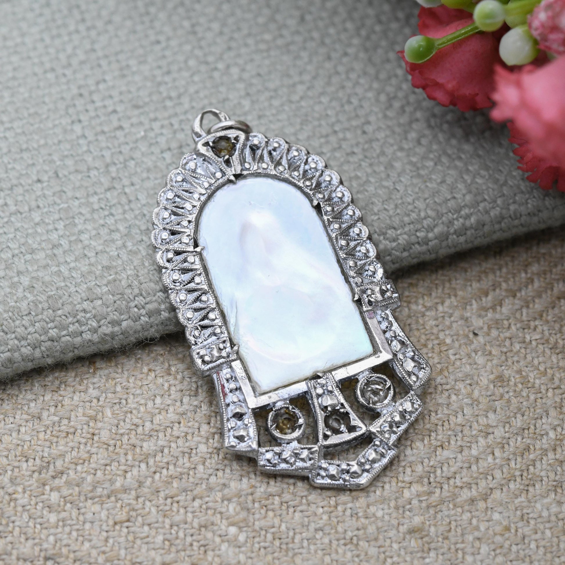 Vintage European Silver Mother of Pearl Mary Mother of Jesus Pendant - Unique Clear Stone Openwork Milgrain | Religious Gift for Necklace