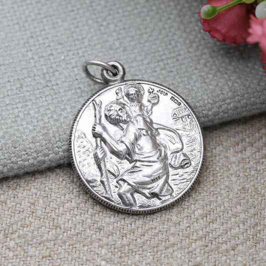 Vintage Sterling Silver St. Christopher Pendant 1979 - Large Circle Saint of Travelling | Christian Religious Jewellery | Detailed 3D Image