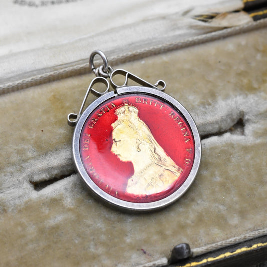 Antique 1887 Victoria Shilling Coin Charm Pendant - 1970s Raised Enamel and Gold Plated Openwork Collectable Pendant