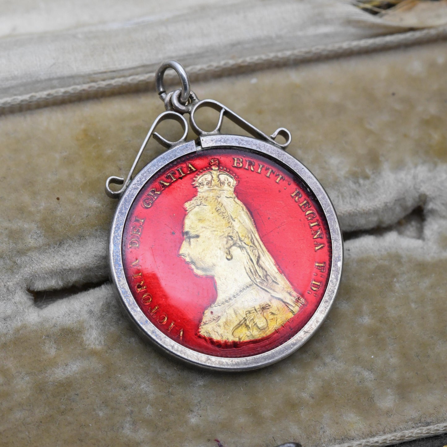 Antique 1887 Victoria Shilling Coin Charm Pendant - 1970s Raised Enamel and Gold Plated Openwork Collectable Pendant