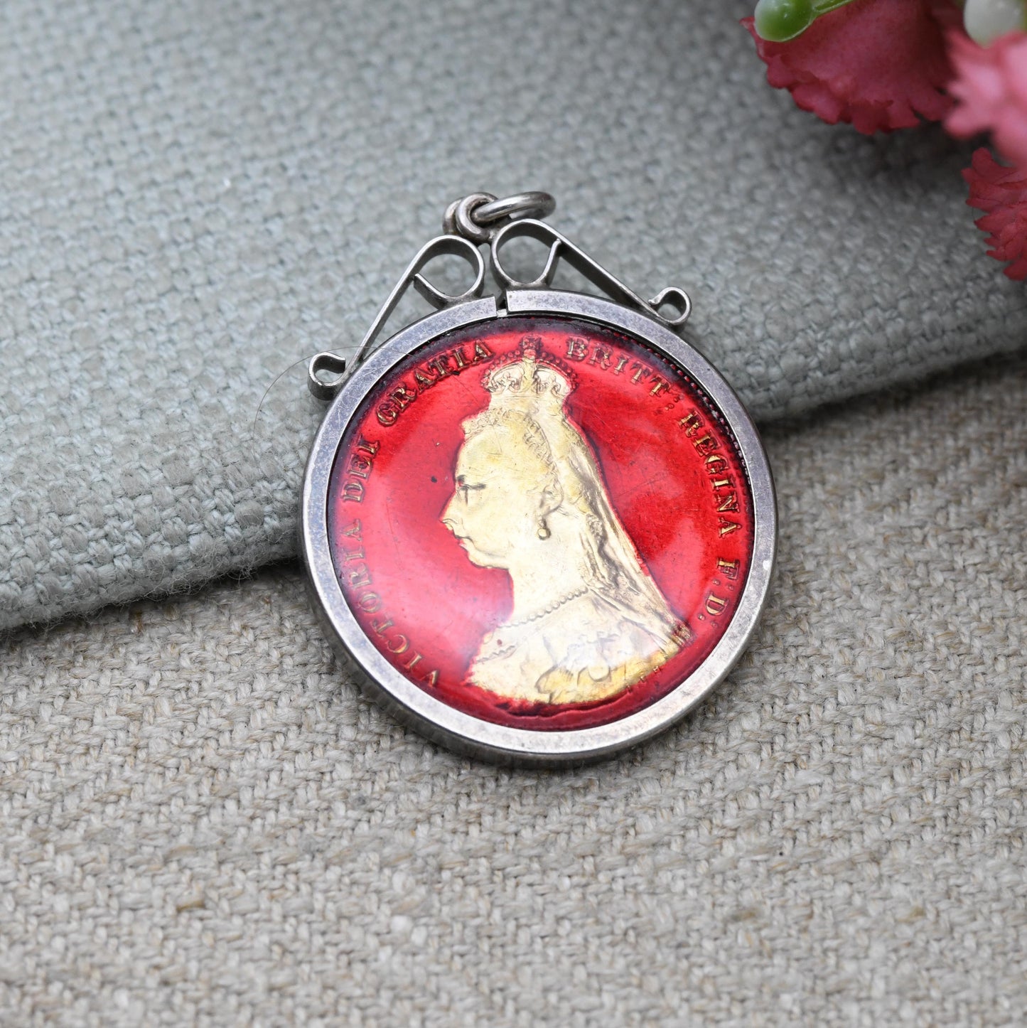 Antique 1887 Victoria Shilling Coin Charm Pendant - 1970s Raised Enamel and Gold Plated Openwork Collectable Pendant
