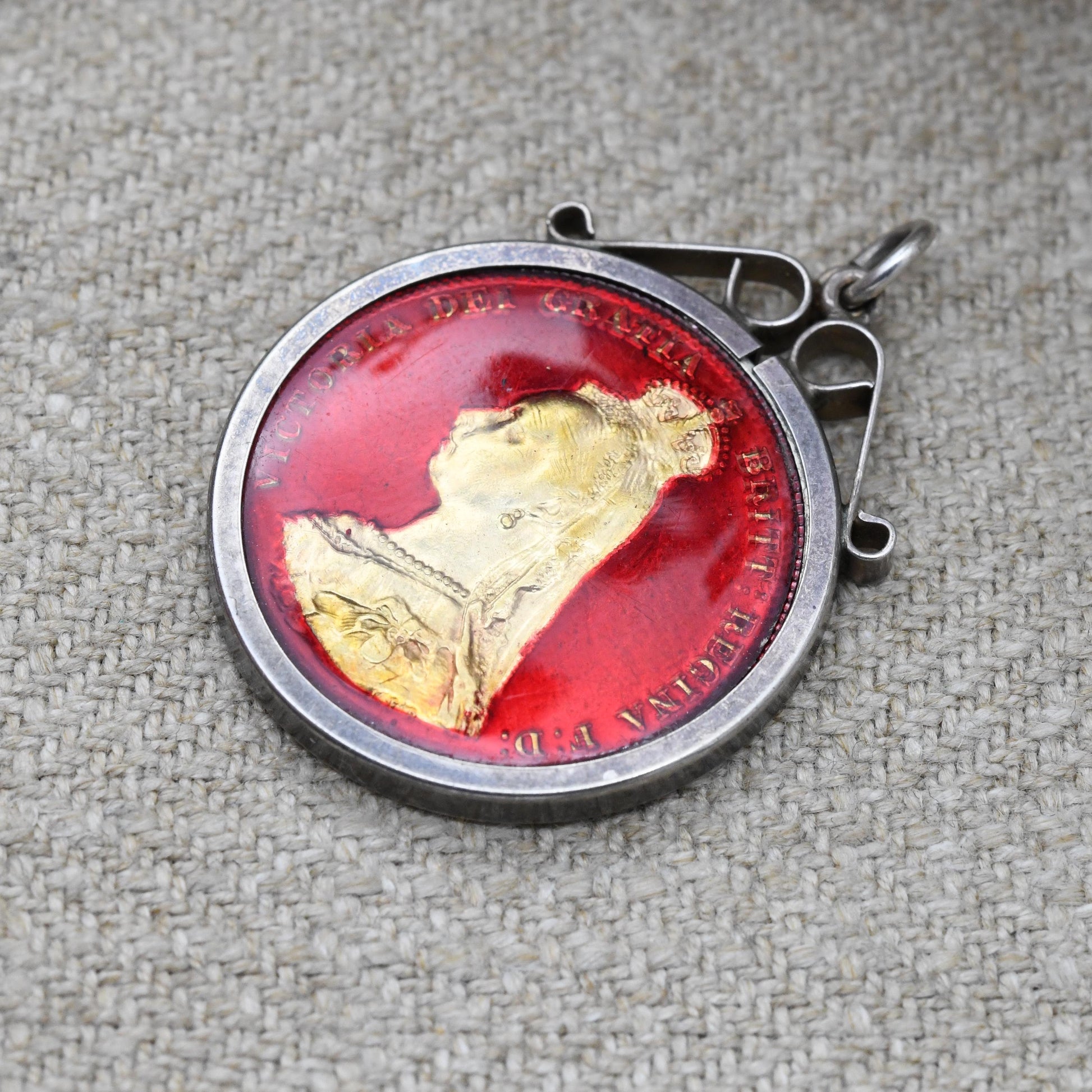 Antique 1887 Victoria Shilling Coin Charm Pendant - 1970s Raised Enamel and Gold Plated Openwork Collectable Pendant