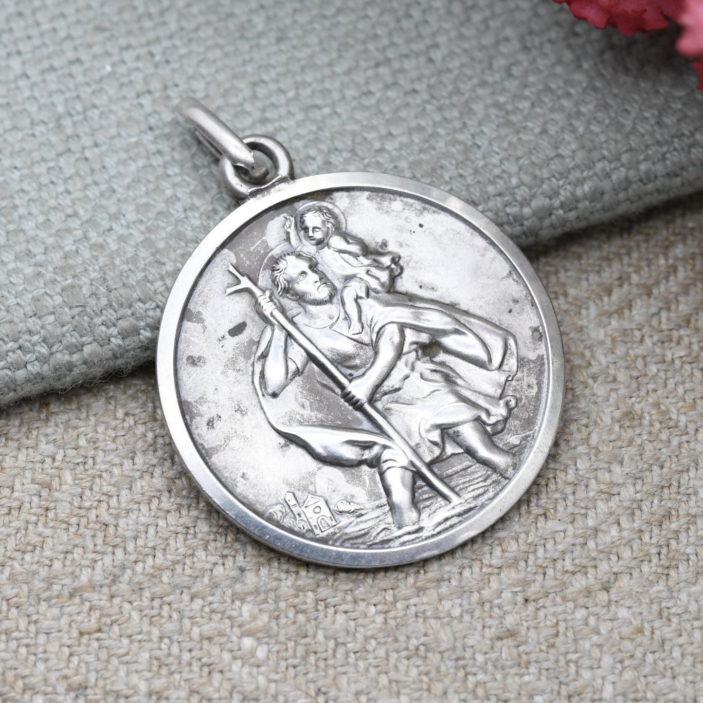 Vintage Sterling Silver St. Christopher Pendant - Large Circle Saint of Travelling | Christian Religious Jewellery | Detailed Relief Image
