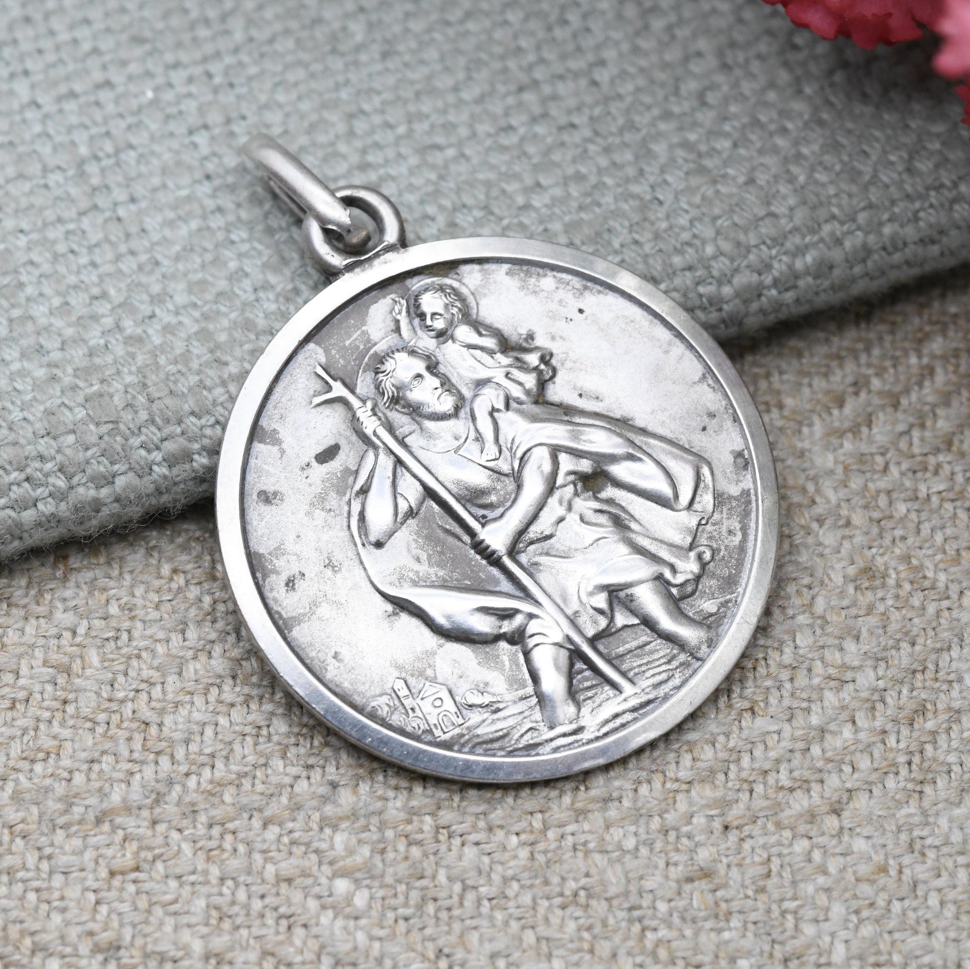 Vintage Sterling Silver St. Christopher Pendant - Large Circle Saint of Travelling | Christian Religious Jewellery | Detailed Relief Image