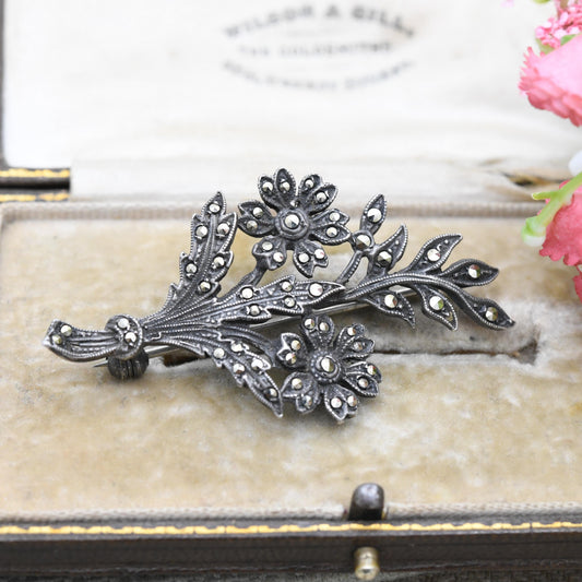 Vintage Sterling Silver Marcasite Flower Leaf Brooch - Sparkly Floral Statement Pin