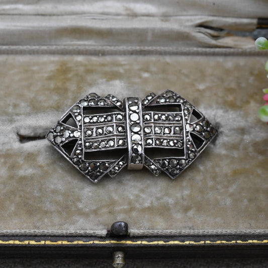 Vintage Art Deco Silver Marcasite Brooch - Sparkly Statement Pin | Art Deco Style Gift for Her