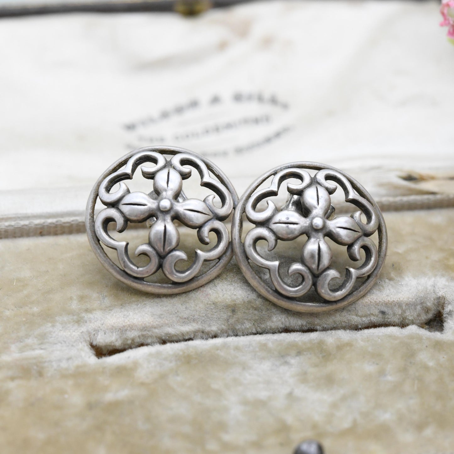 Vintage Sterling Silver Openwork Flower Stud Earrings - Pretty Circle Floral Scrolling Push Back | Minimalist Silver Jewellery Gift for Her