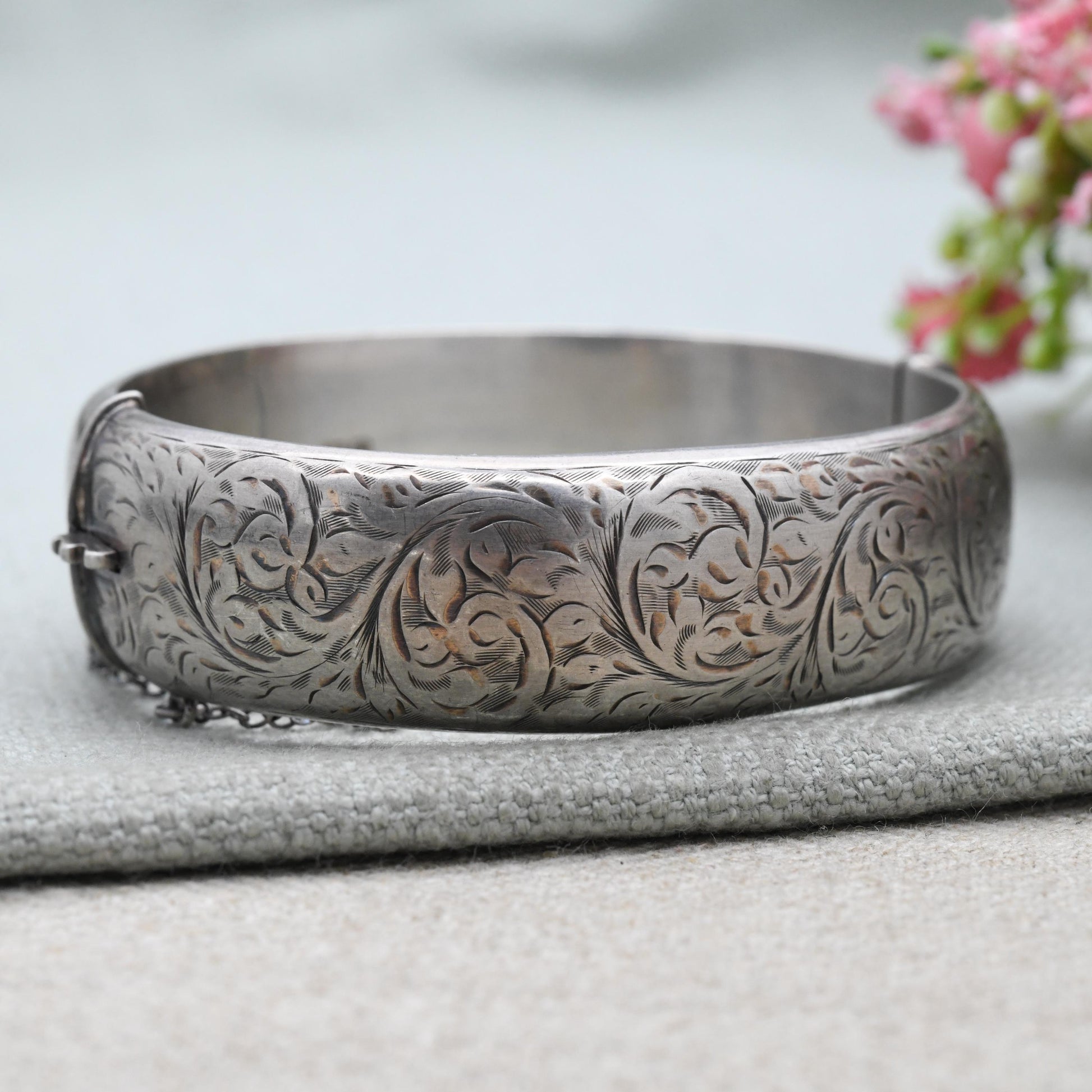 Vintage Sterling Silver Engraved Bangle Bracelet 1953 by Smith & Ewen - Chunky Victorian Aesthetic Scrolling Style with Safety Chain
