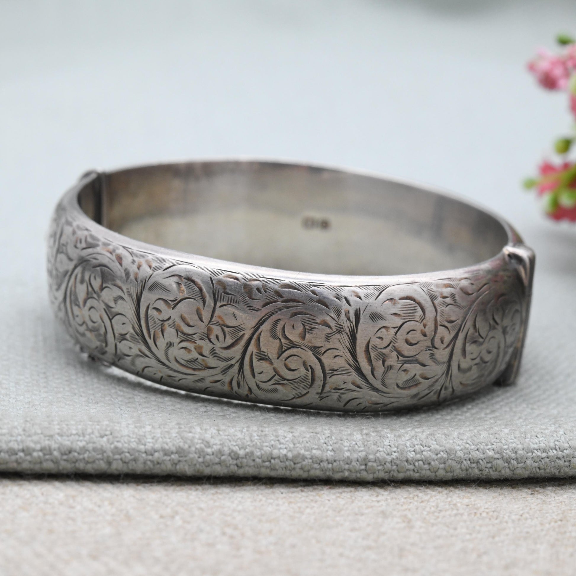 Vintage Sterling Silver Engraved Bangle Bracelet 1953 by Smith & Ewen - Chunky Victorian Aesthetic Scrolling Style with Safety Chain