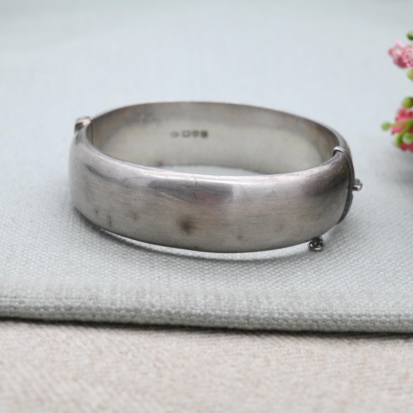 Vintage Sterling Silver Engraved Bangle Bracelet 1953 by Smith & Ewen - Chunky Victorian Aesthetic Scrolling Style with Safety Chain