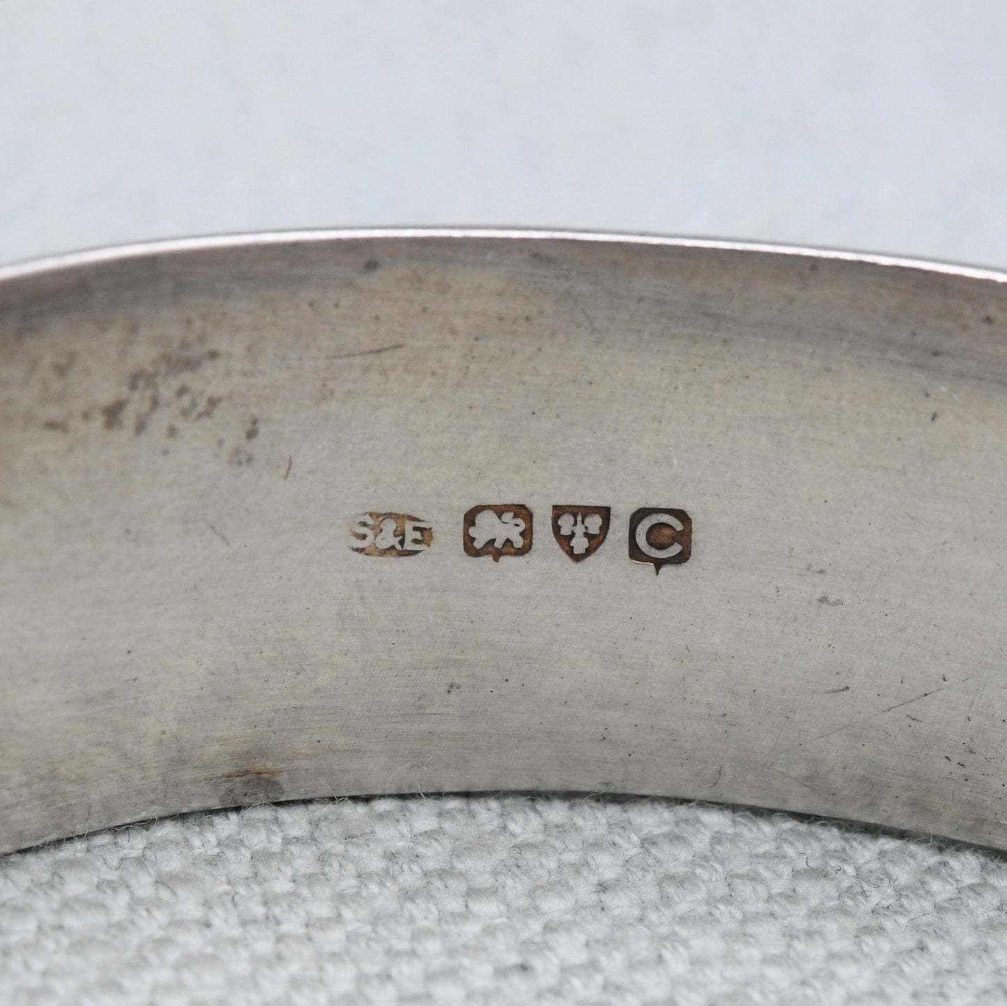 Vintage Sterling Silver Engraved Bangle Bracelet 1953 by Smith & Ewen - Chunky Victorian Aesthetic Scrolling Style with Safety Chain