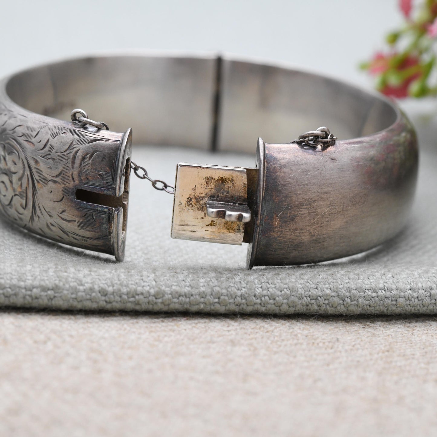 Vintage Sterling Silver Engraved Bangle Bracelet 1953 by Smith & Ewen - Chunky Victorian Aesthetic Scrolling Style with Safety Chain