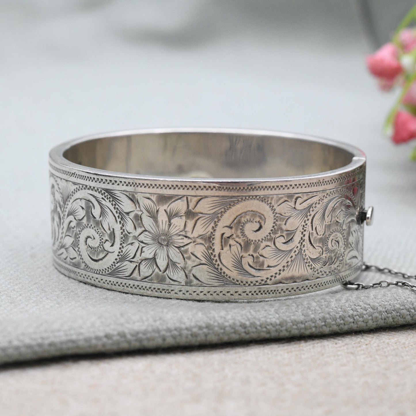 Vintage Sterling Silver Engraved Bangle Bracelet 1960 by Joseph Gloster - Chunky Victorian Aesthetic Scrolling Style with Safety Chain