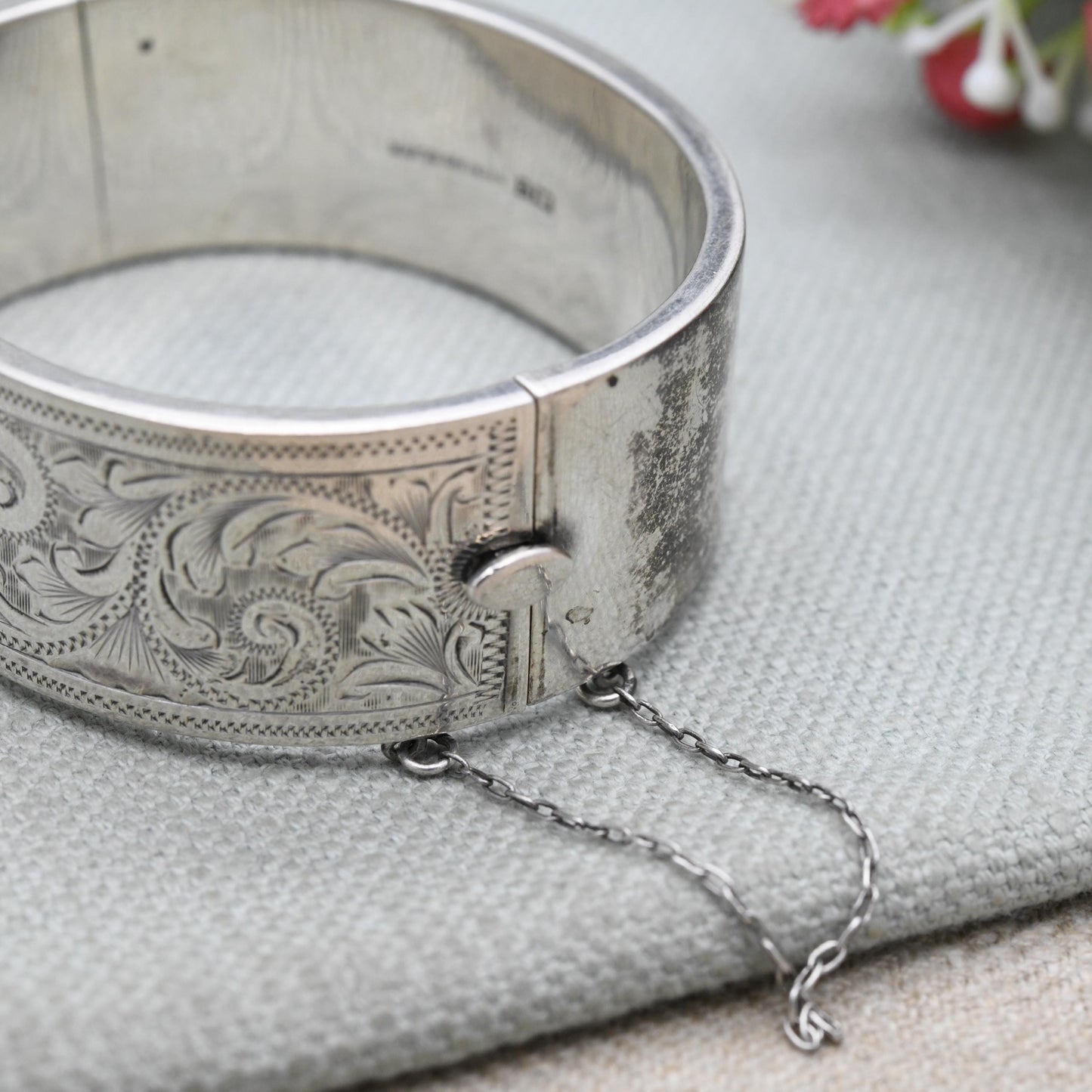 Vintage Sterling Silver Engraved Bangle Bracelet 1960 by Joseph Gloster - Chunky Victorian Aesthetic Scrolling Style with Safety Chain