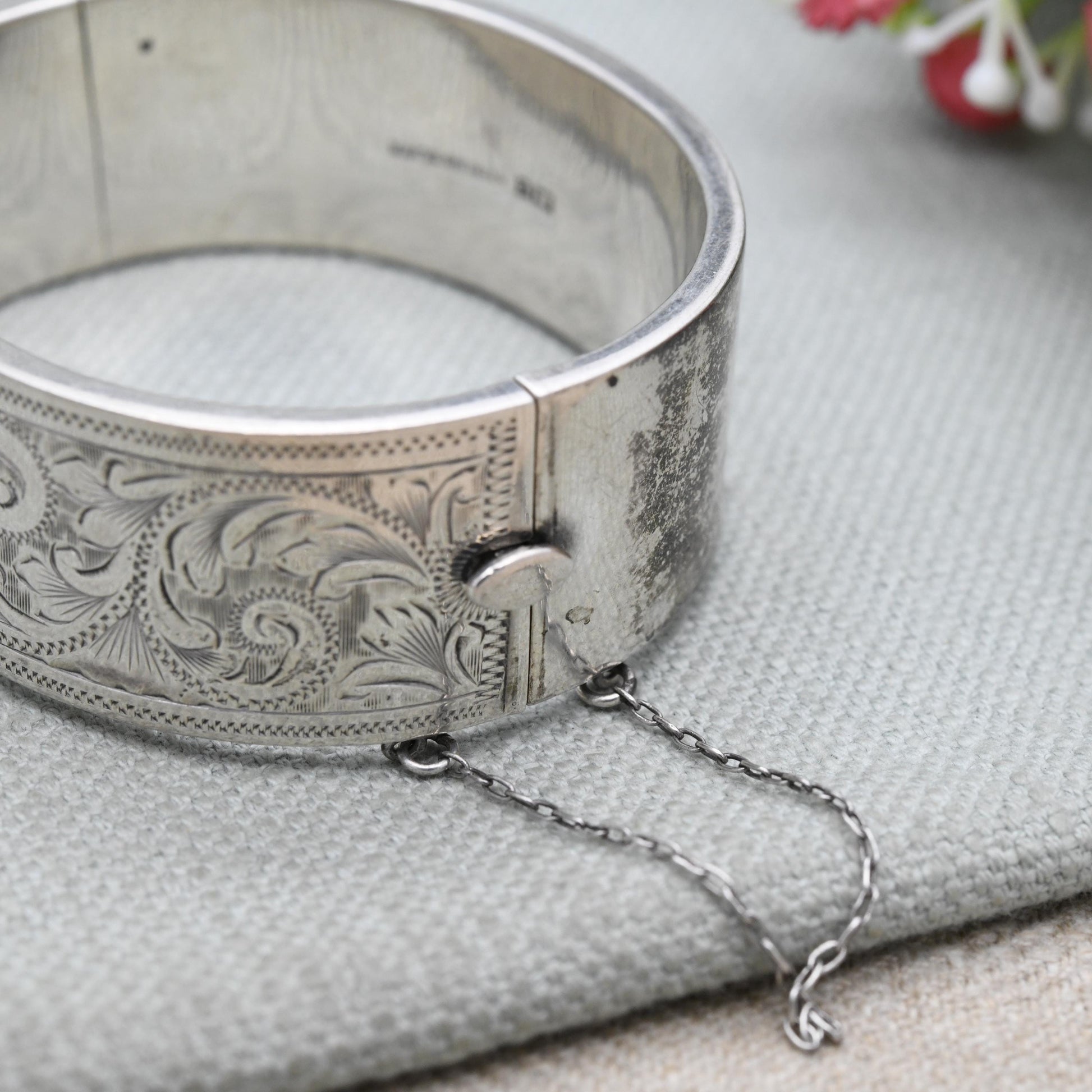 Vintage Sterling Silver Engraved Bangle Bracelet 1960 by Joseph Gloster - Chunky Victorian Aesthetic Scrolling Style with Safety Chain