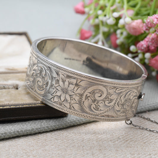 Vintage Sterling Silver Engraved Bangle Bracelet 1960 by Joseph Gloster - Chunky Victorian Aesthetic Scrolling Style with Safety Chain