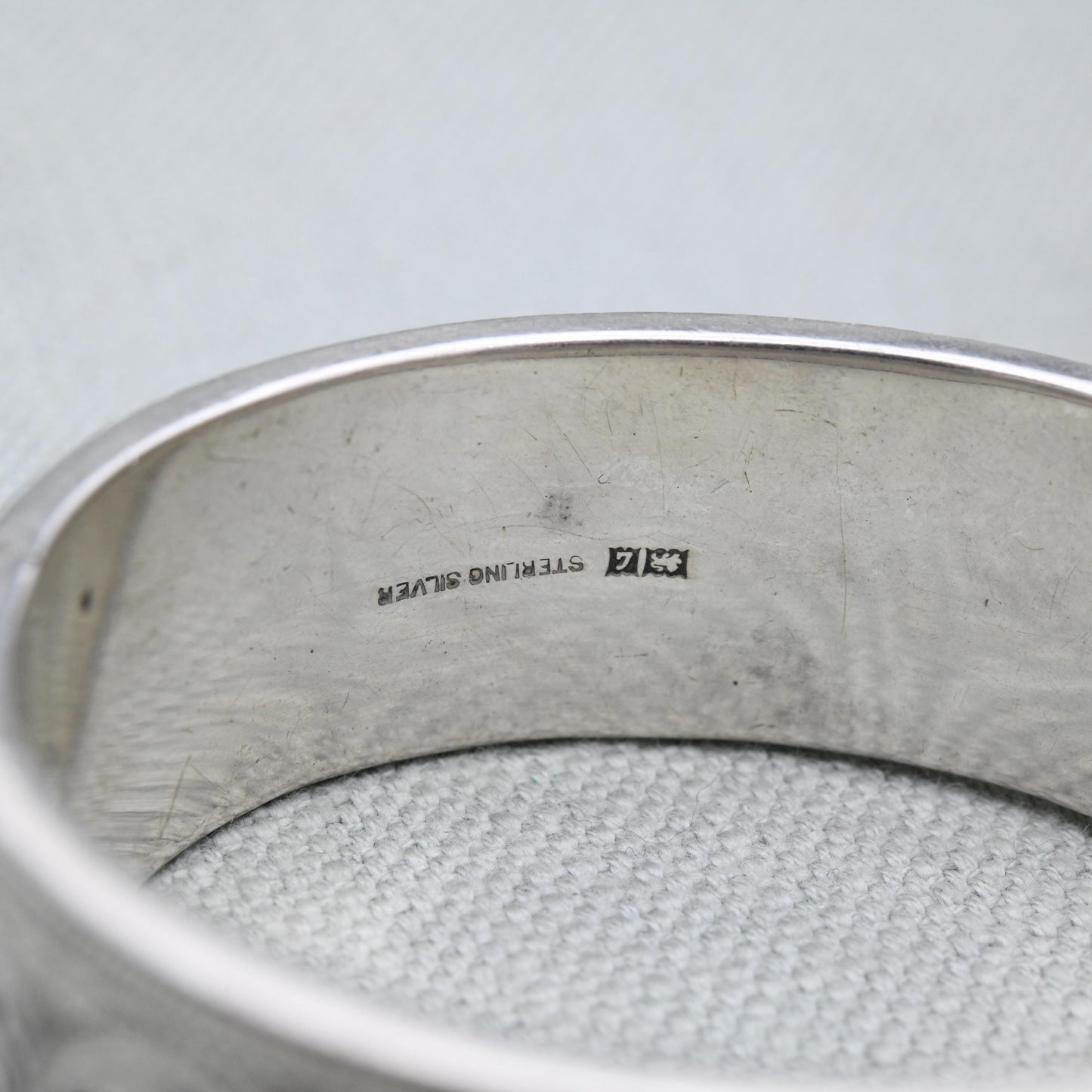 Vintage Sterling Silver Engraved Bangle Bracelet 1960 by Joseph Gloster - Chunky Victorian Aesthetic Scrolling Style with Safety Chain