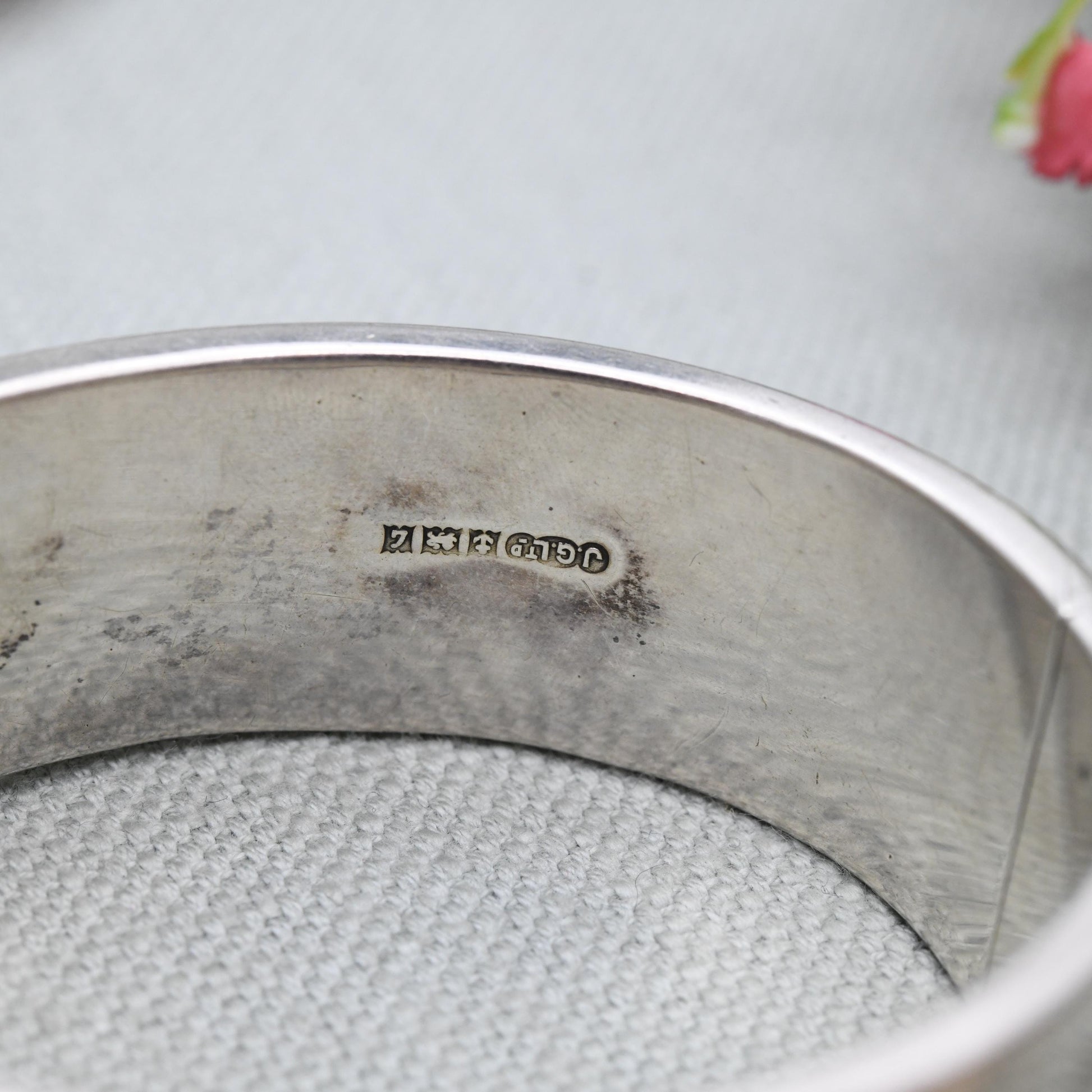 Vintage Sterling Silver Engraved Bangle Bracelet 1960 by Joseph Gloster - Chunky Victorian Aesthetic Scrolling Style with Safety Chain