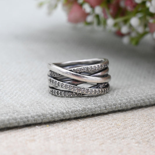 Pandora Sterling Silver Multi Band White Stone Stacking Ring - Pavé Setting | Pretty Gift for Her | UK Size - N | US Size - 6 3/4
