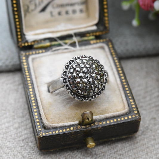 Vintage European Silver Marcasite Boule Ring - Cluster Cocktail Ring | Gift for Her | UK Size - K 1/2 | US Size - 5 1/2