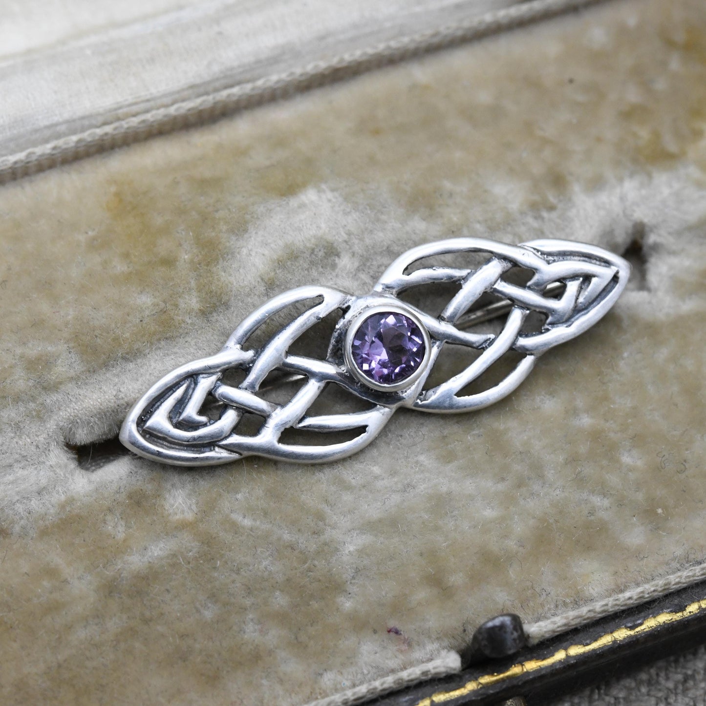 Vintage Scottish Sterling Silver Amethyst Celtic Knot Bar Brooch - Celtic Twisted Rope Design | Purple Gemstone