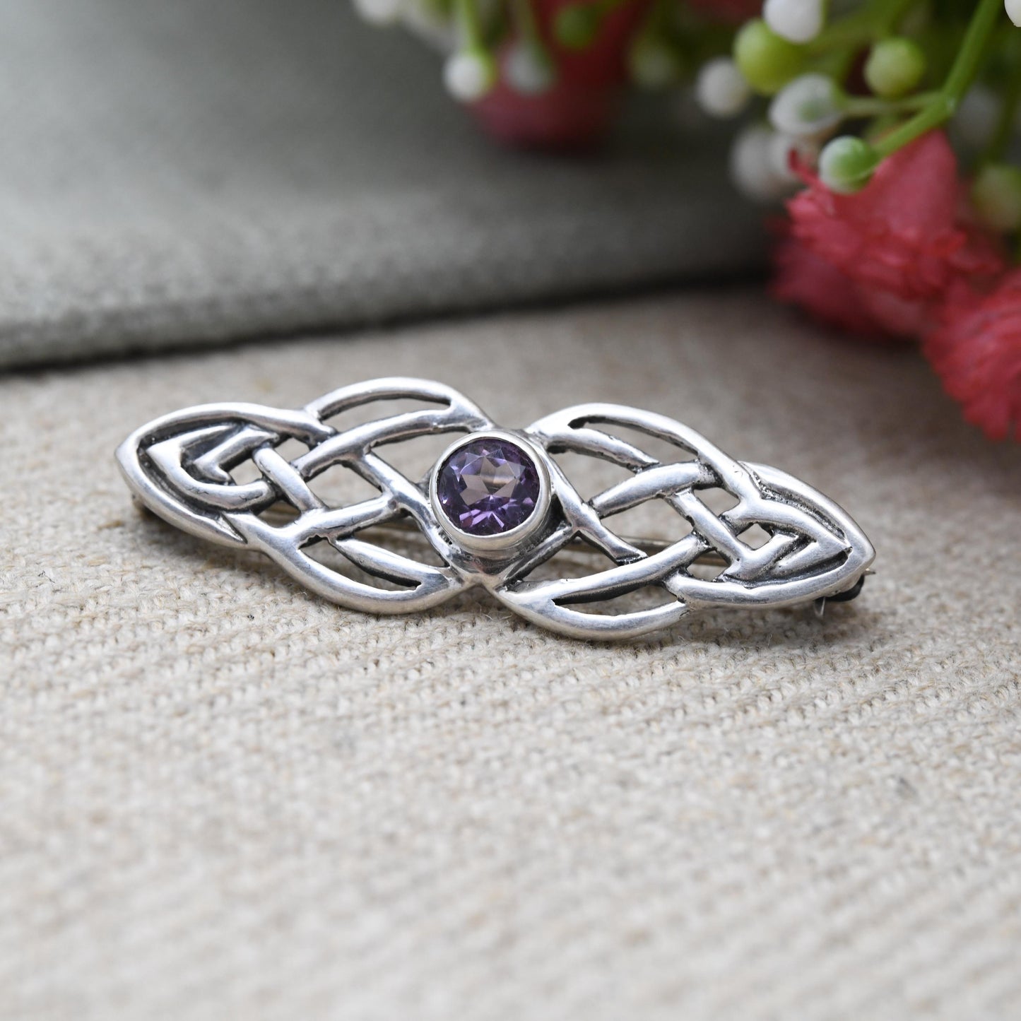 Vintage Scottish Sterling Silver Amethyst Celtic Knot Bar Brooch - Celtic Twisted Rope Design | Purple Gemstone