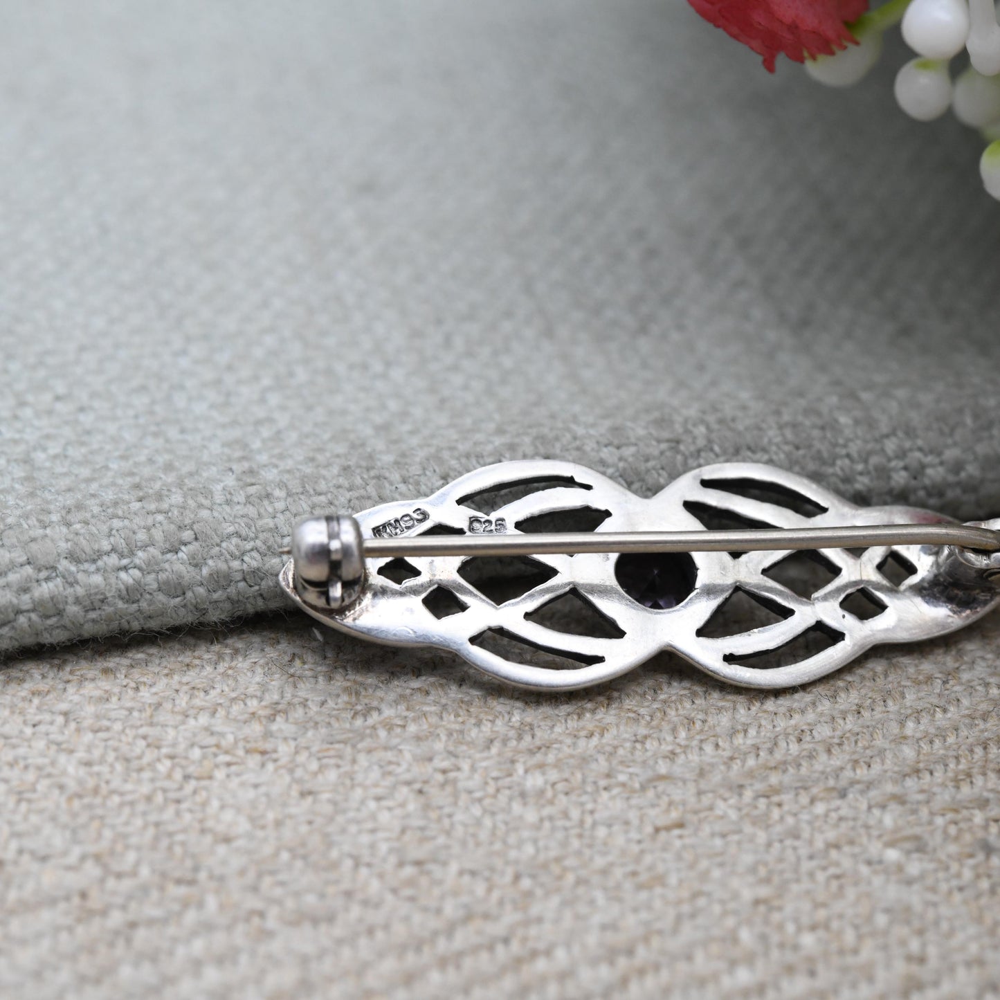 Vintage Scottish Sterling Silver Amethyst Celtic Knot Bar Brooch - Celtic Twisted Rope Design | Purple Gemstone