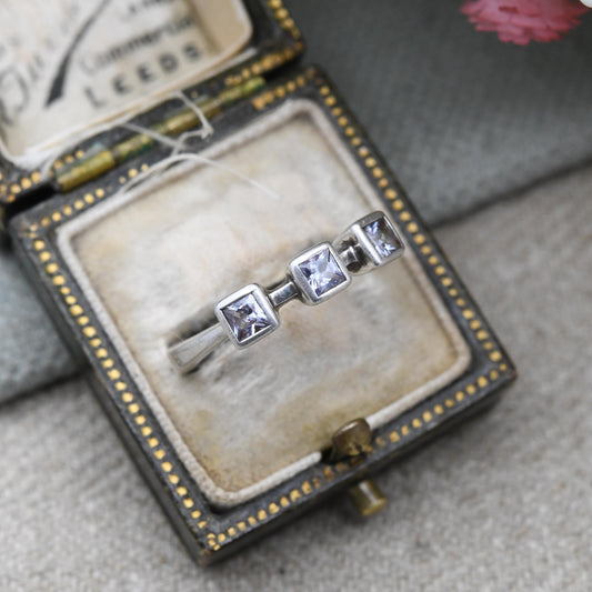 Fossil Sterling Silver Clear Stone Solitaire Ring - Square White Stone | Bezel | UK Size - N 1/2 | US Size - 7