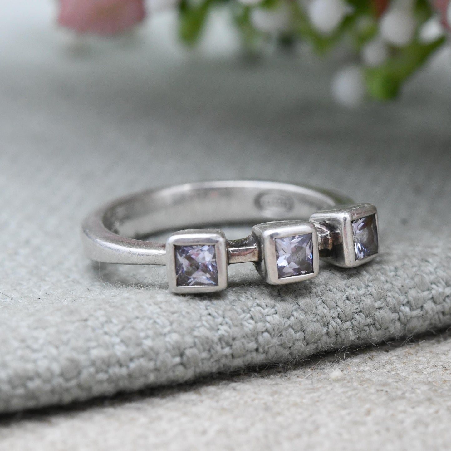 Fossil Sterling Silver Clear Stone Solitaire Ring - Square White Stone | Bezel | UK Size - N 1/2 | US Size - 7