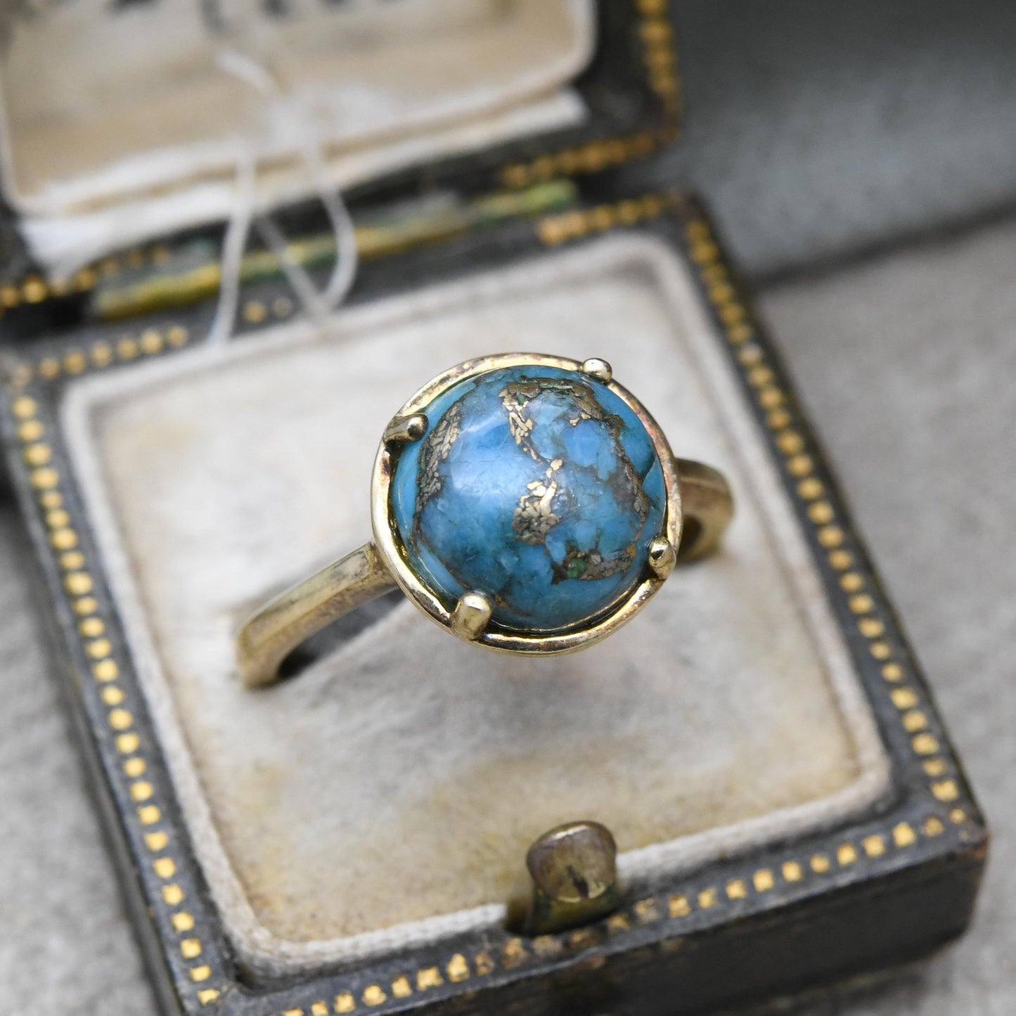 Vintage Sterling Silver Turquoise Solitaire Ring - Gold Plated Blue Gemstone | Round Cabochon | UK Size - N | US Size - 6 3/4