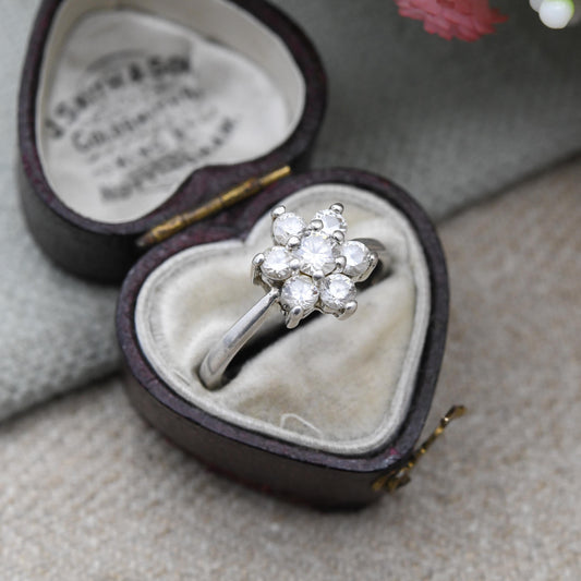 Vintage Sterling Silver CZ Cluster Ring - Floral Design | Statement Cocktail Ring | Pretty Gift for Her | UK Size - N 1/2 | US Size - 6 3/4